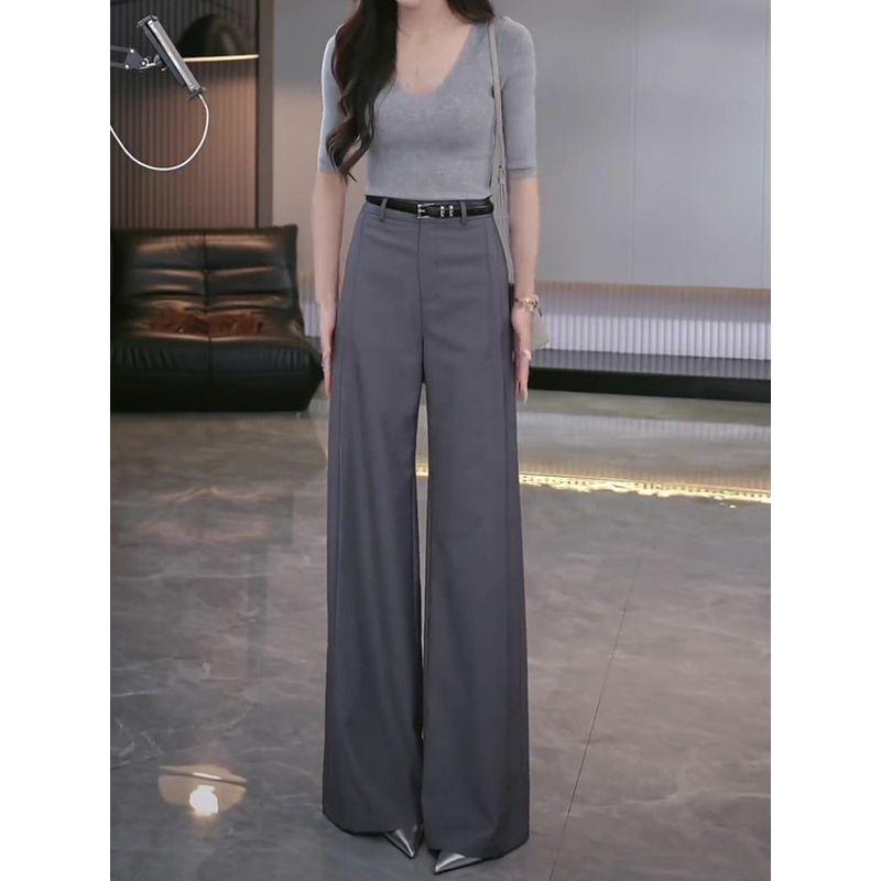 Gray Casual Suit Pants for Women, 2026 Spring New Style, High-End Drape Effect, High-Waisted, Slimming Narrow Wide-Leg Pants