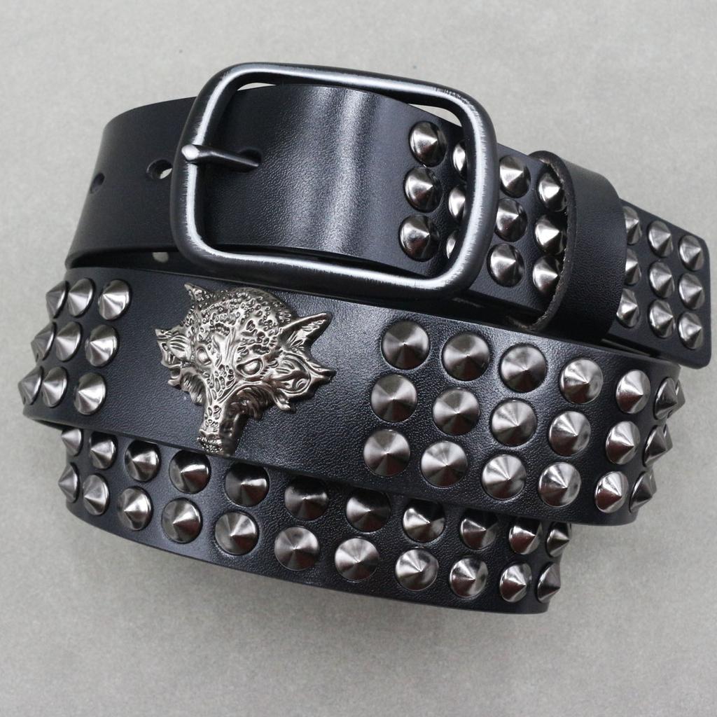 Pointed Rivets Cowhide Belt Men's Japanese Buckle Wolf Head 3D Decoration Women's Belt Punk Style