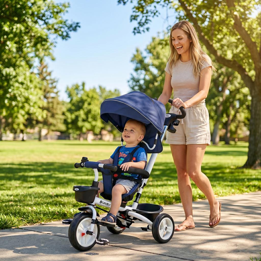 Metal Frame 6 in 1 Baby Push Tricycle with Parent Handle for 1-5 Years Old, Dark Blue