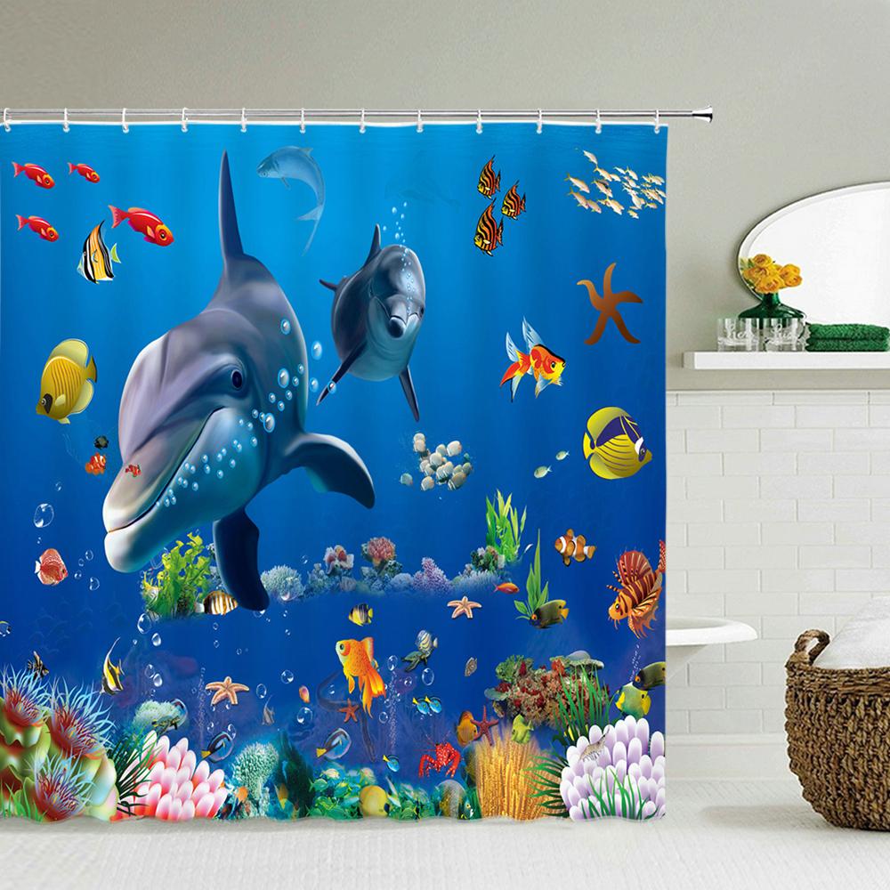Cortina de Chuveiro para Banho de Golfinho Oceânico Desenho Animado, Tela Impermeável para Banheiro Cortina de Chuveiro para Banho de Animal Marinho Poliéster Alta Qualidade Cortina para Casa