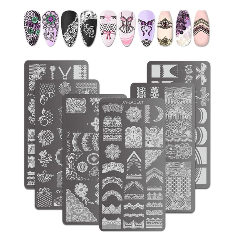 6PCS Rectangle Nail Stamping Plates Kit with Floral and Geometric Patterns for Creative Nail Art Manicure Tools