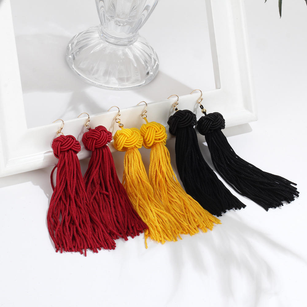 New Ethnic Tassel Dangle Earrings For Women Black Red Yellow Green Pink Long Cotton Drop Ear Hook  Bohemian Jewelry Gifts