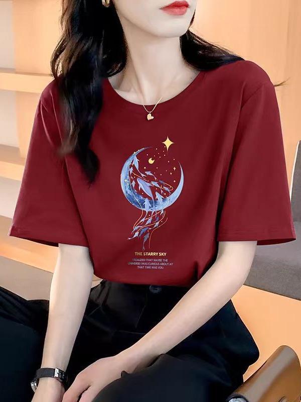 Pure Cotton Loose Short-sleeved T-shirt Women's Summer Wear New Beautiful Top Design Sense Moon Print Women's Crew Neck Spring and Autumn