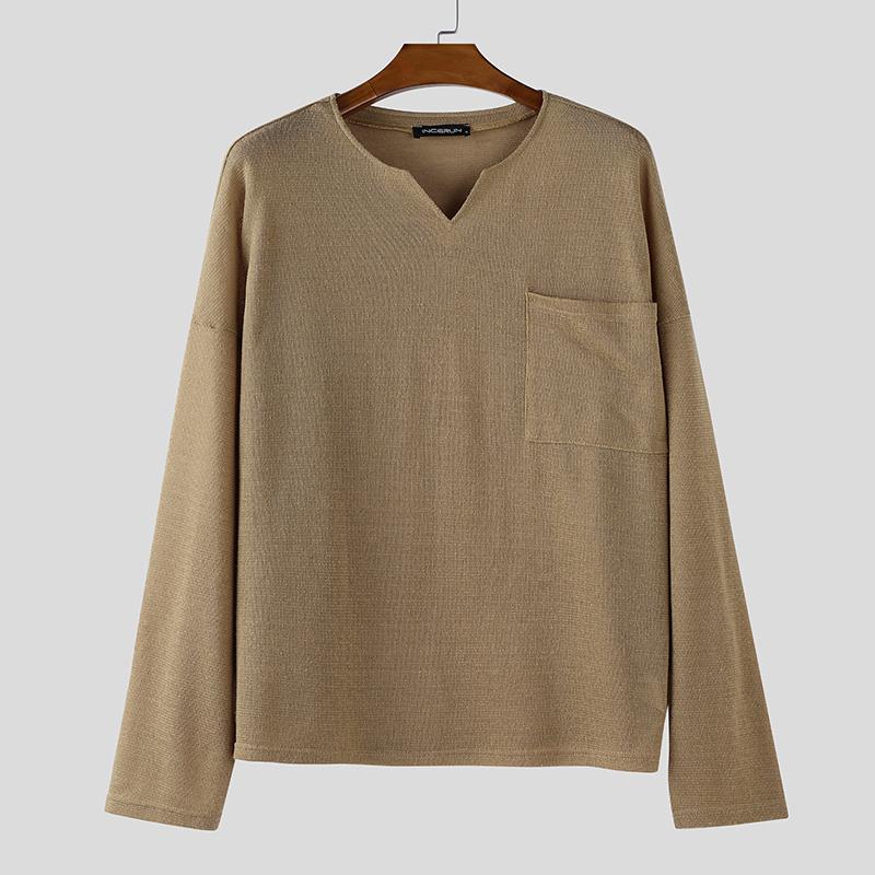 INCERUN Свободные мужские повседневные футболки с длинным рукавом, фактурные, Осень Весна 5XL хаки