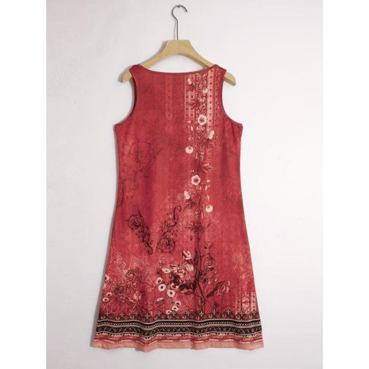 Women Casual Midi Dress Notched Neck Floral Print Sleeveless Clothing
