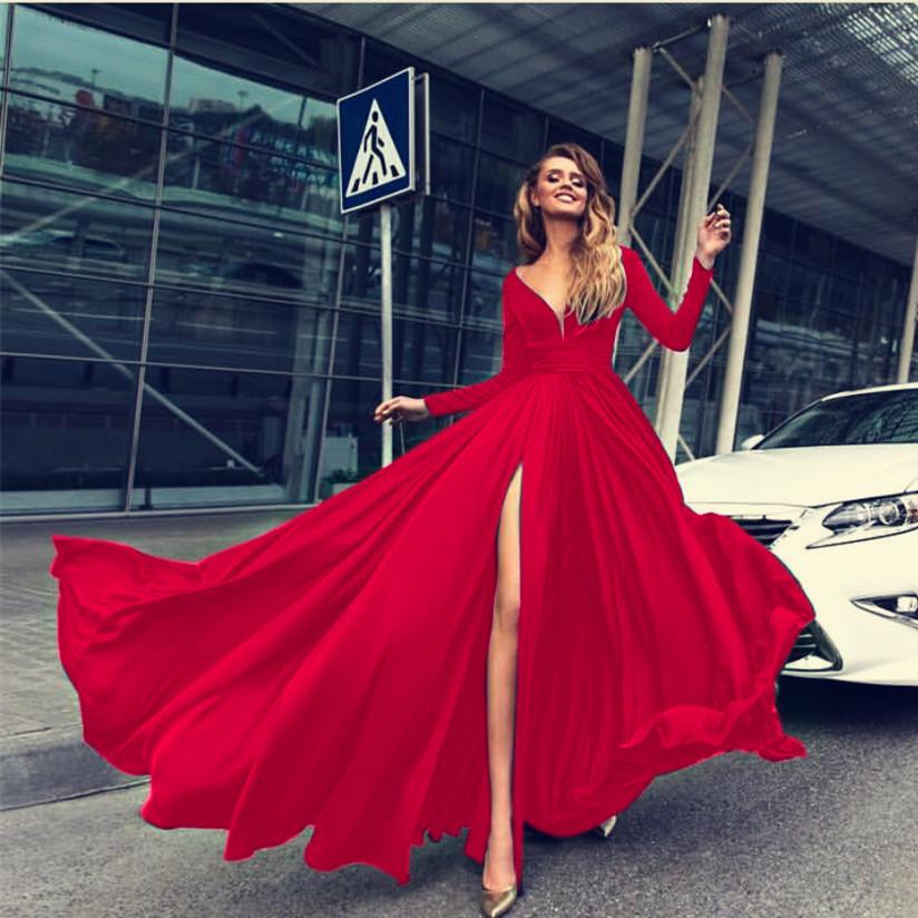 2026 Nouvelle Robe Sexy en Soie de Lait Décolleté Plongeant, Manches Longues, Large Ourlet, Fente pour Robes de Soirée Robes Longues Élégantes avec Haute Fente