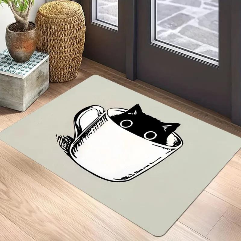 Black Cat Door Mat Non-Slip Entrance Way Mats Welcome Mats Rugs Washable Carpet Home Decoration For Indoor Outdoor