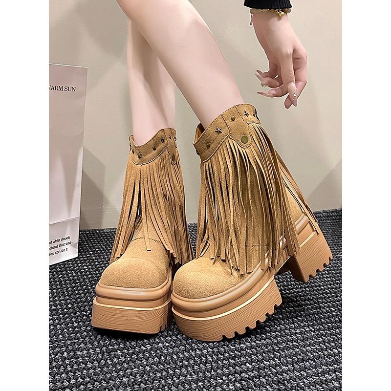 Mode Damen Quasten High Heels 9CM Dicke Plateauschuhe Kurze Stiefel Leder Klobige Schuhe Frau Herbst Winter Plateau Motorradstiefel Botas