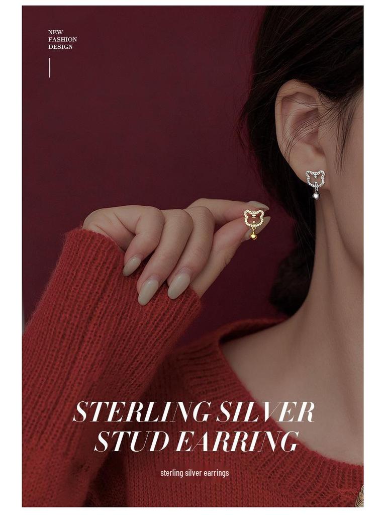 S925 Silver Zodiac Tiger Earrings for Women - Japanese and Korean Style with Bells and Diamonds