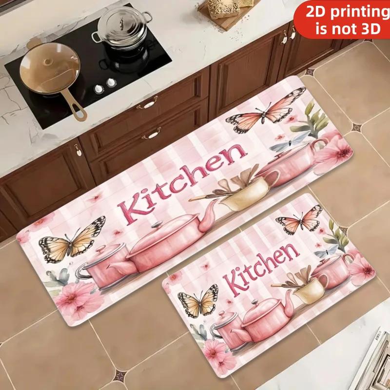 Pink Kitchen Teapot & Butterfly 100% Polyester Kitchen Mat, Non-Slip Soft Plush Floor Mat, Sweet Floral Decorative Mat for Ki