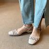 Sheepskin version~ literary and retro woven hollow low-heeled bag head shoes women's French one-word buckle outer wear leather sandals