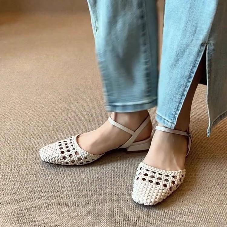 Sheepskin version~ literary and retro woven hollow low-heeled bag head shoes women's French one-word buckle outer wear leather sandals