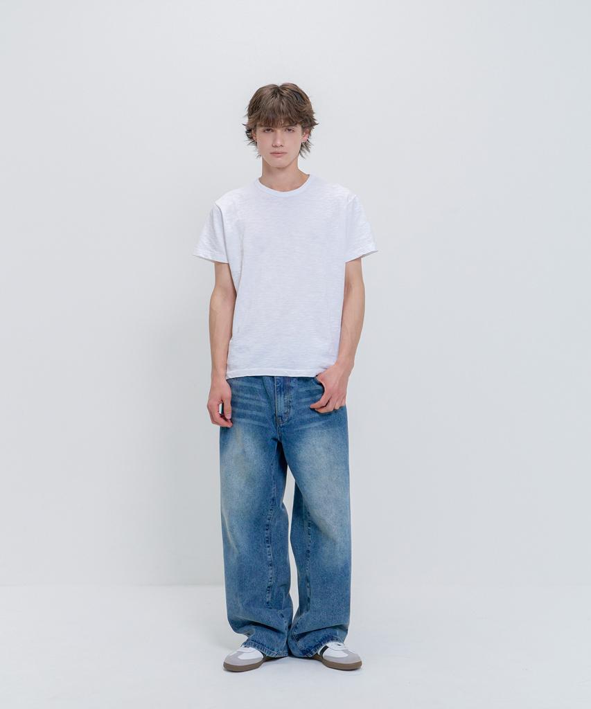 PSSHOPPER Semi-Crop Slub Vintage Short Sleeve T-Shirt [White]
