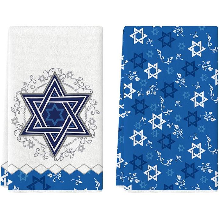 Artoid Mode Lingge Star Leaves Hanukkah Kitchen Towels Dish Towels, 18x26 Inch Farmhouse Holiday Decoration Cleaning Set of 2