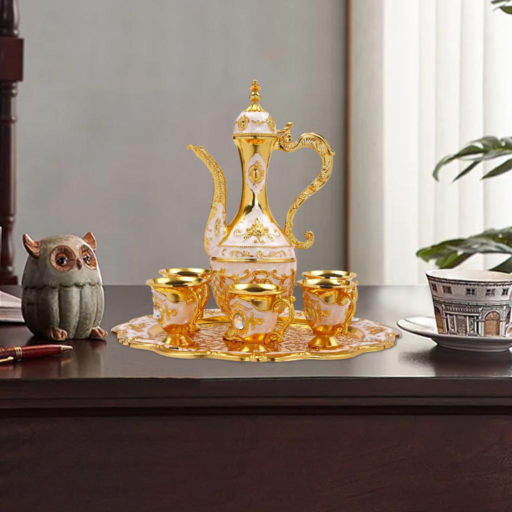 Vintage Turkish Tea & Coffee Set - 6 Gold & White Cups with Tray, Zinc Alloy Antique Decor, Tableware for Home, Gift, Wedding