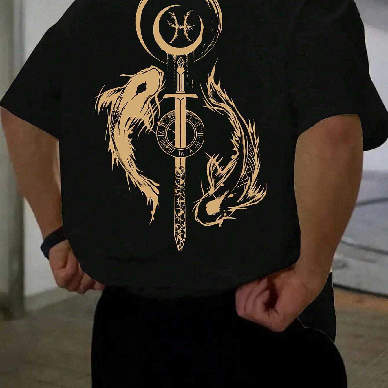 Summer Street Fashion Golden Koi Pattern Printed Tshirt for Casual Roundneck Sporty Breathable Mens Shortsleeved Shirt M