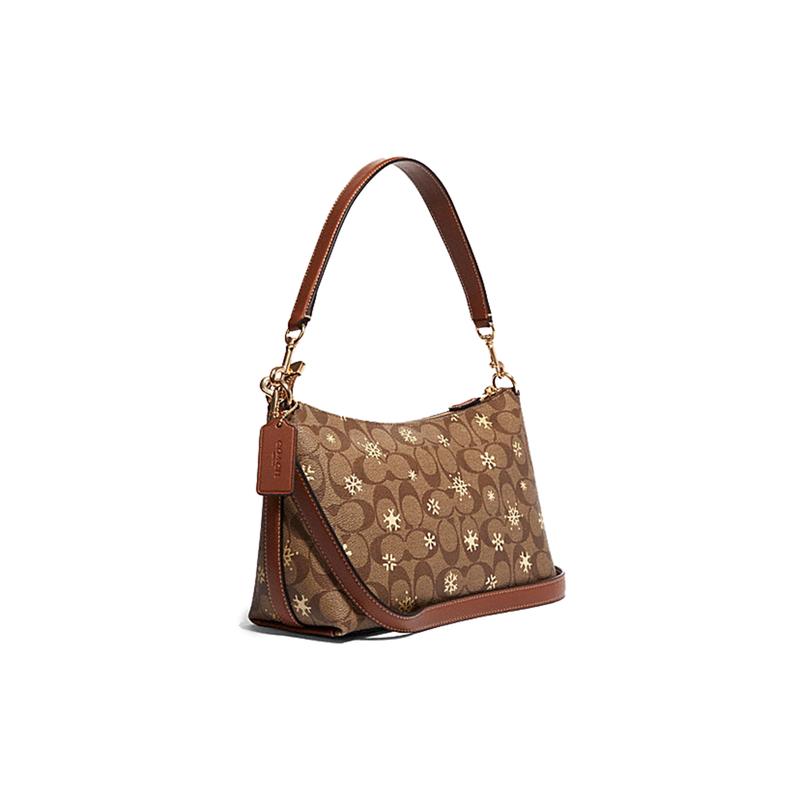 Coach Bolso de hombro Clara 26 clásico estampado de flor antigua copo de nieve cierre de cremallera, cuero artificial, bolso de mano bandolera, modelo mujer, marrón