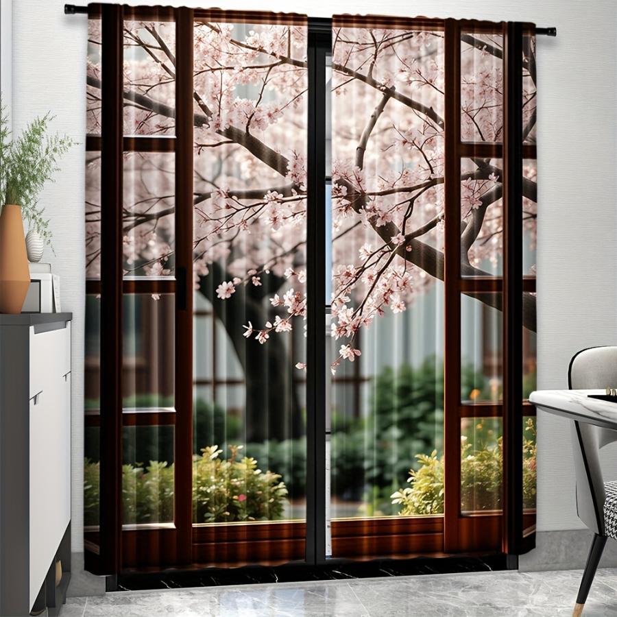 2PCS Digital Printed Curtains, Cherry Blossom Tree by Window Pattern, Stylish Window Treatment for Living Room Bedroom Decor