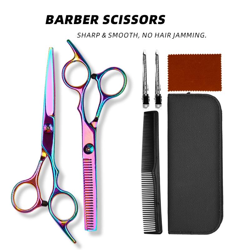 Professional Hairdressing Scissors Set with Colored Stainless Steel Blades for Straight and Thinning Cuts