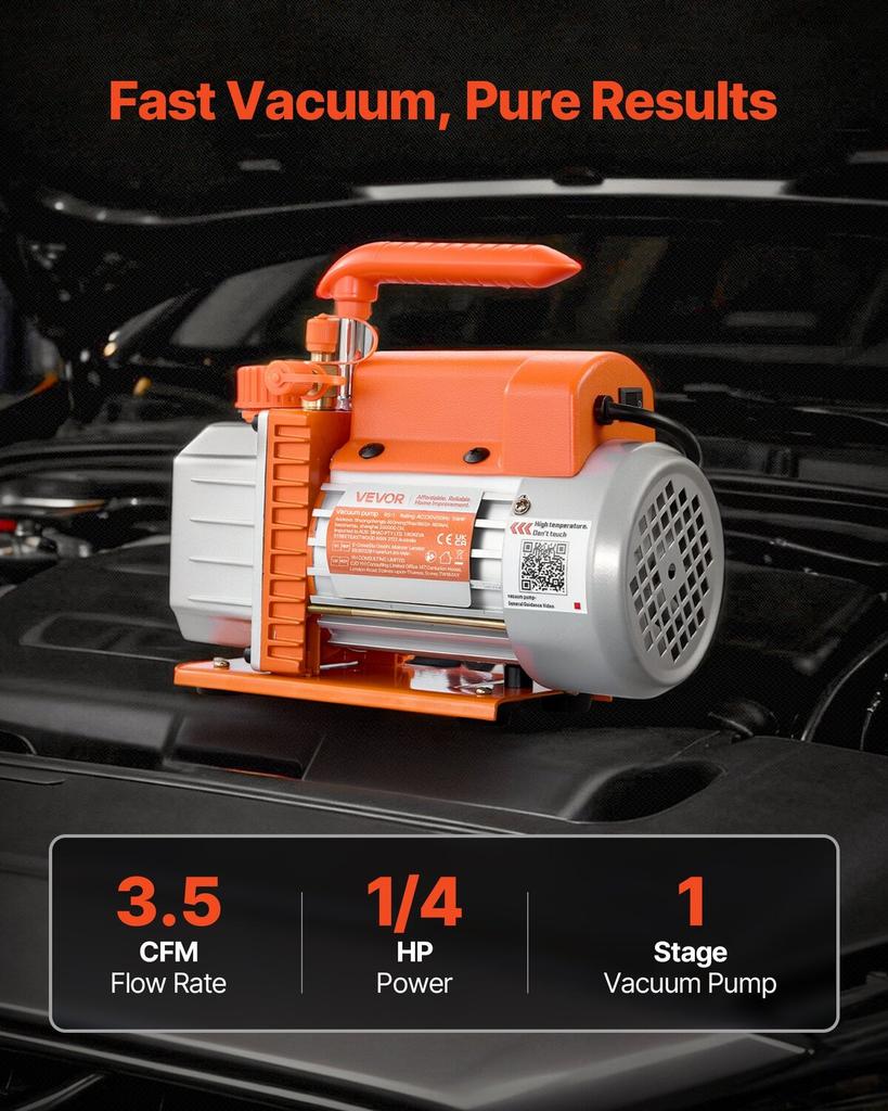 Vacuum Pump, 3.5 CFM 99 L/min, HVAC Single Stage Rotary Vane AC Vacuum Pump, for R134a R22 R410a Systems, 4 Pole Motor, for Automotive Air Conditioner