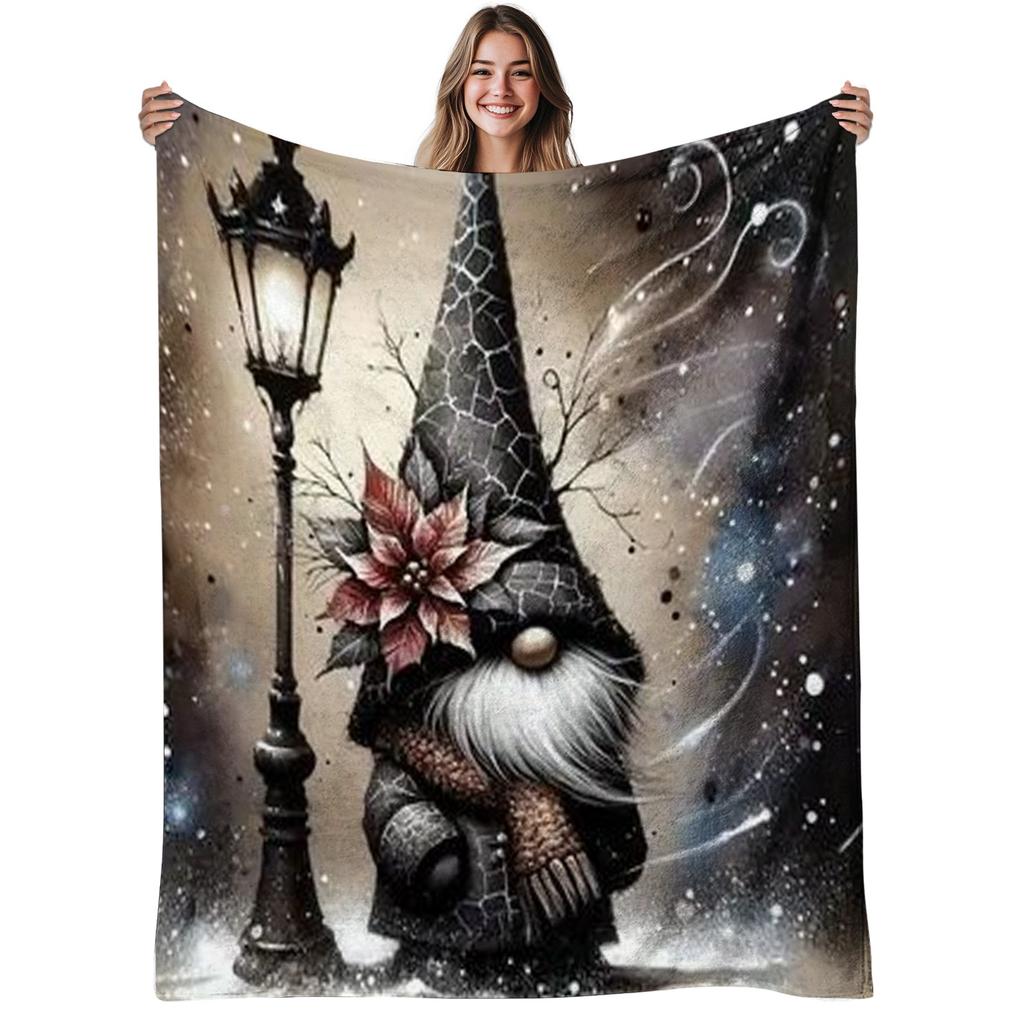 Vintage Gnome Street Lamp Flannel Throw Blanket Dark Christmas Gnome Snowy Scene Soft Sofa Bed Decor Blanket