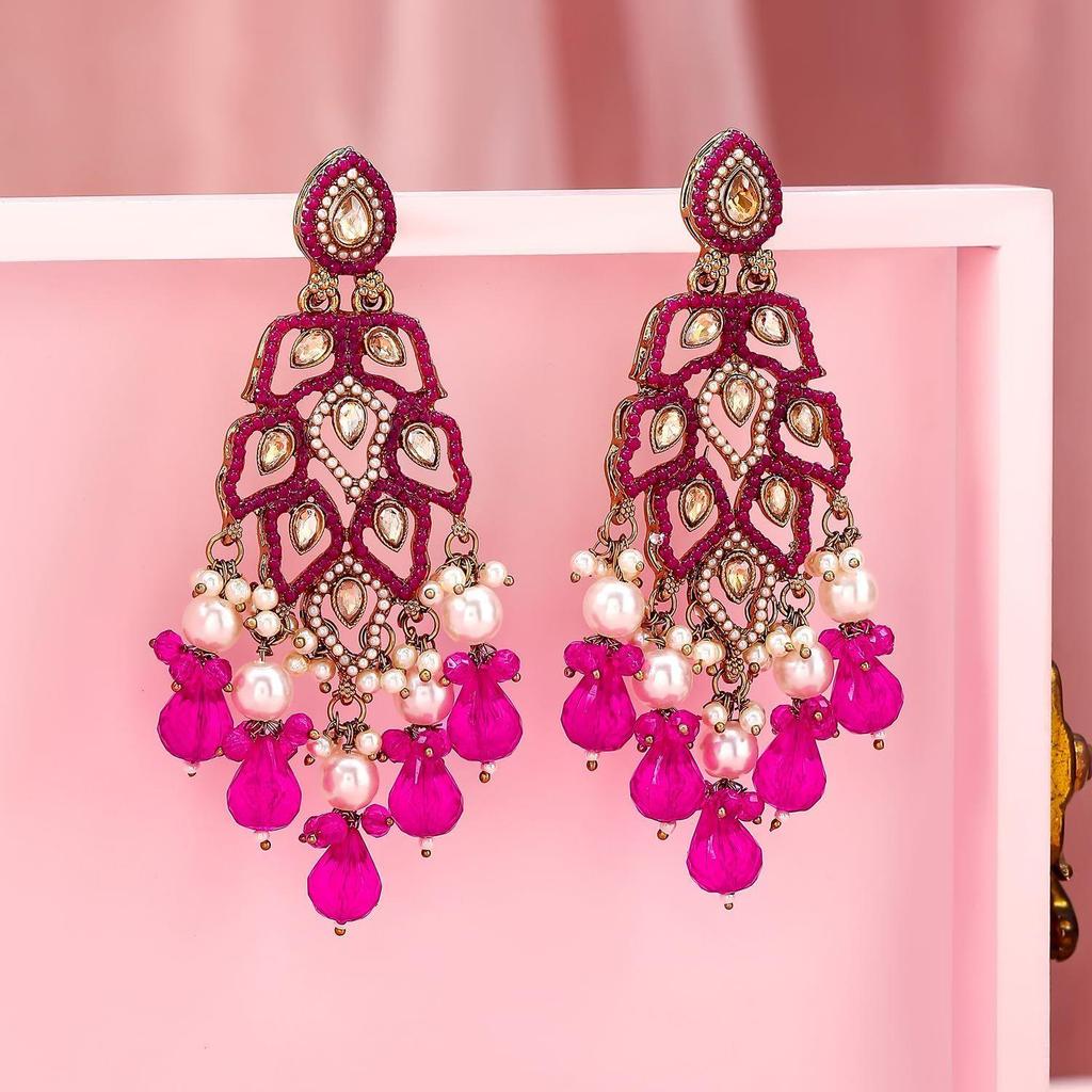 Long Chandelier Dangler Earrings Kundan & Pearl Traditional Ethnic Jewellery for Women & Girls
