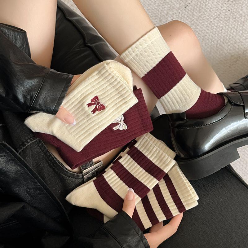 Women's Burgundy Striped Cotton Slouch Socks - Mid-calf to Over-the-knee