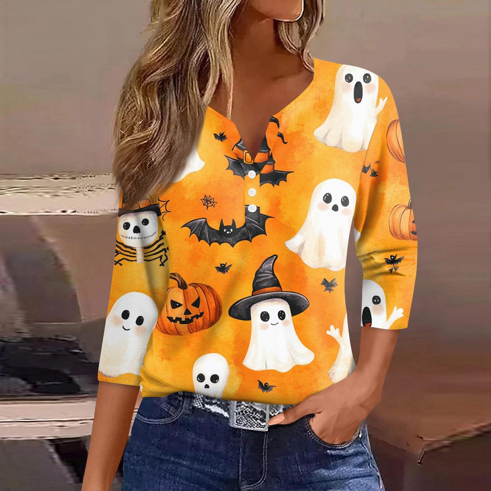 

Женская футболка Футболка Хэллоуин Принт Пуговица Рукав 3/4 Туника Повседневная Мода Выходного дня Базовая V-образный вырез Обычный топ S жёлтый