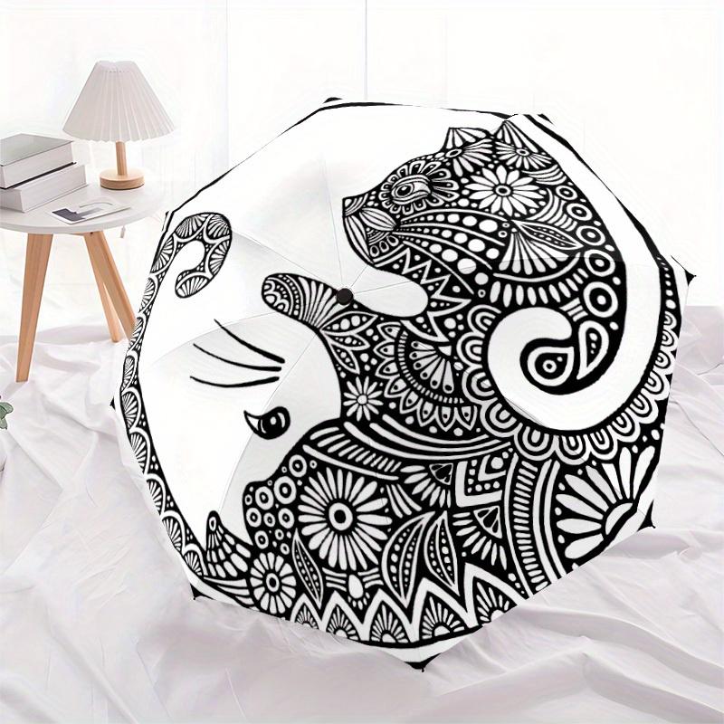 1pc Cat Mandala Art Automatic Open/Close Umbrella, Umbrella with Cartoon Design, Portable Compact Umbrella for Men & Women, Good Holiday Gif