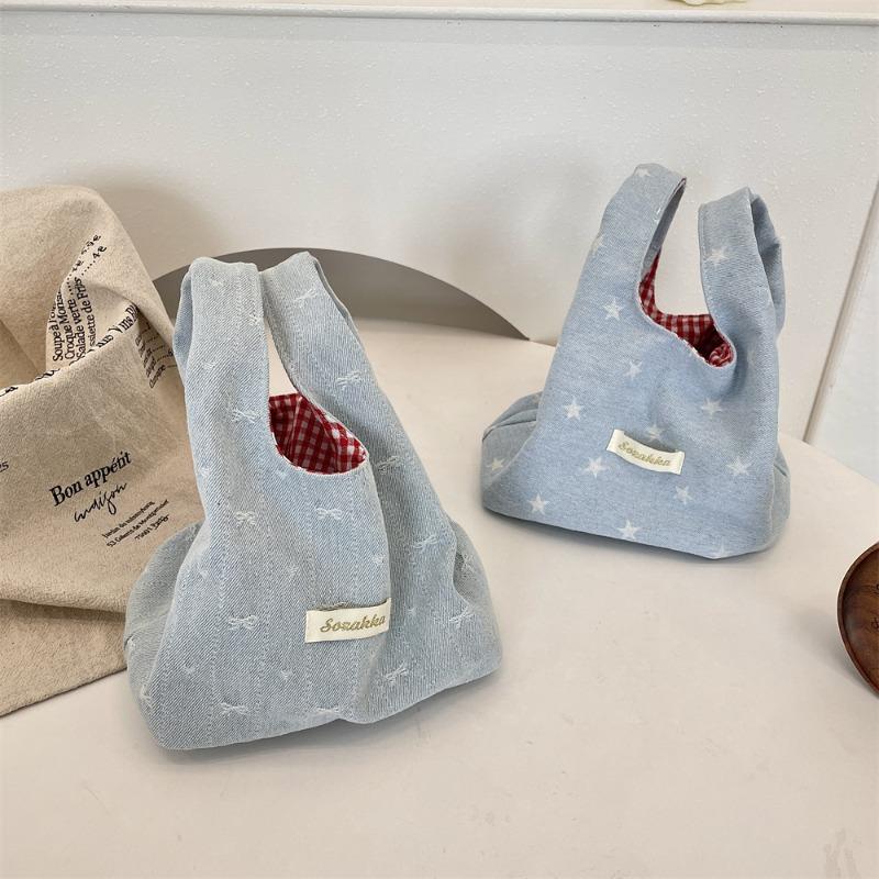 Cute New Denim Hand Bag Portable Storage Go Out Wrist Bag Contrasting Color Red Grid Portable Small Bag