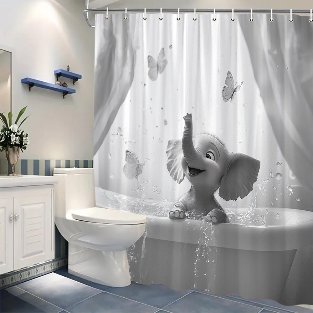 1pc Cartoon Elephant Curtain, Playful Water & Butterflies, CGI Art, Polyester, 70.86x70.86in, 12 Hooks, Youth Bath Decor