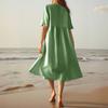 Women's Fashionable Cotton And Linen -color Round-neck Half-sleeve Casual Loose Long Dress