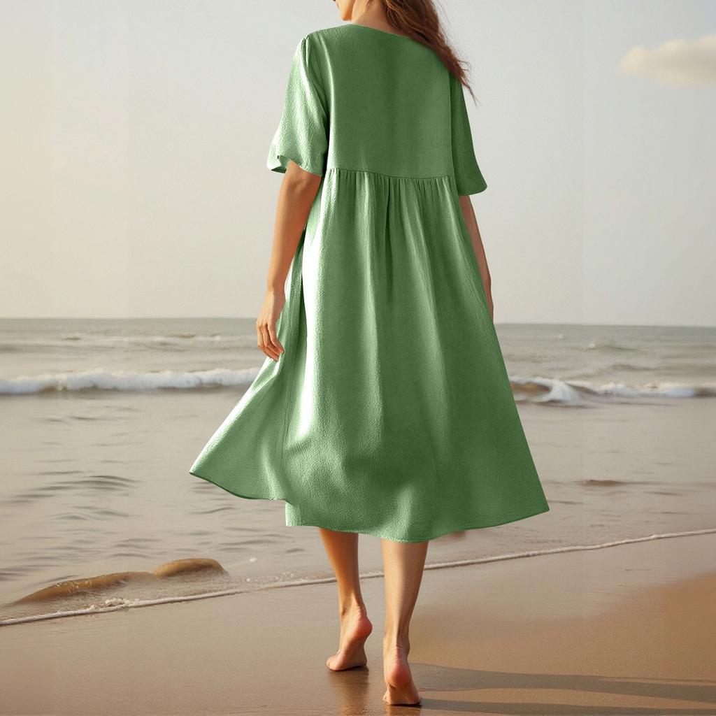 Women's Fashionable Cotton And Linen -color Round-neck Half-sleeve Casual Loose Long Dress
