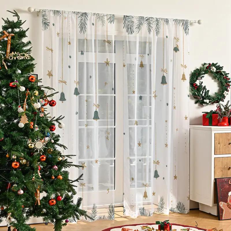 2pcs Christmas Pine Branch Bell Sheer Curtains with Pole Bag, Privacy Protection, Suitable for Decoration In Various Scenes