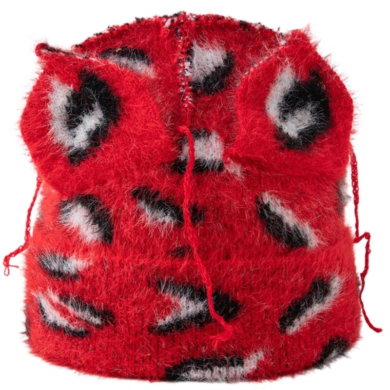 

Без полей шапка с ушками кошки, с животным принтом, теплая зимняя шапка для улицы, повседневная носка, женская, мужская, унисекс, уличная одежда, головной убор красный