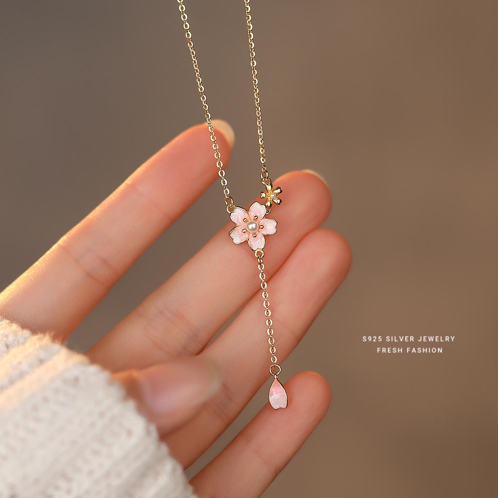 

925 Sterling Silver Imitation Pearl Pink Peach Blossom Pendant Necklace for Women Japanese Sweet Cute Jewelry Accessories 45cm