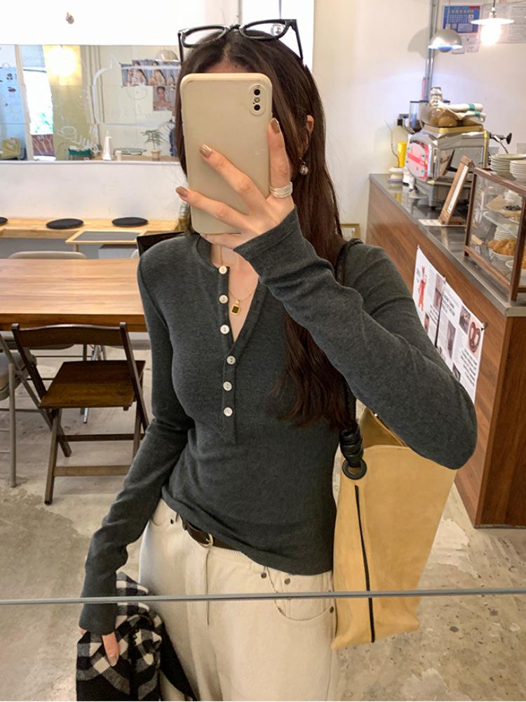 Women's Wine Red Button-Up Henry Collar T-Shirt - Spring/Autumn Waist-Cinching Long Sleeve 2026