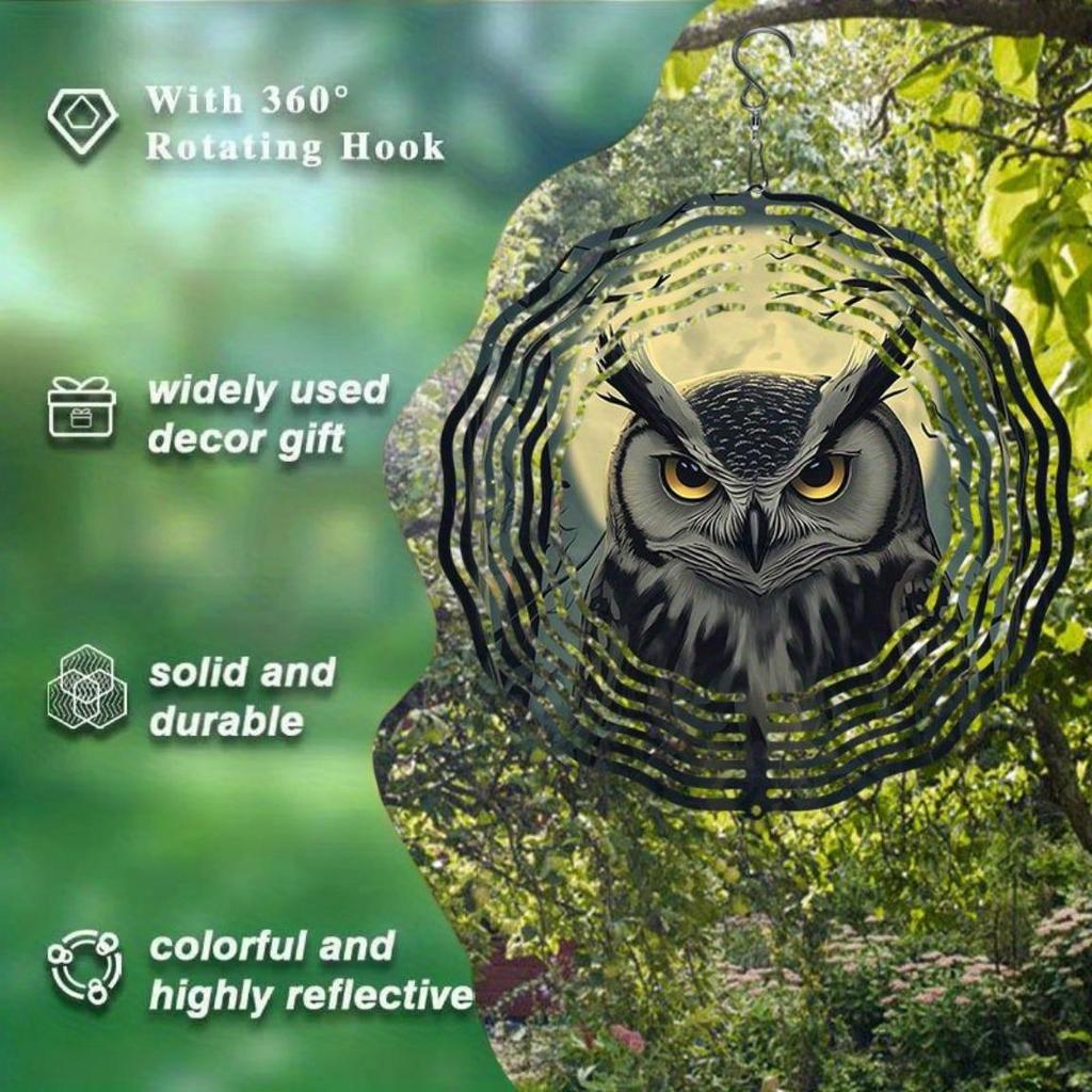 Metal Owl Wind Chime with 360 Degree Rotation Reflective Outdoor Garden Decor No Battery Needed Perfect Gift for Nature Lovers