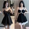 Sexy low-cut backless pure desire celebrity temperament color matching lace slim and thin suspender waist big swing dress women