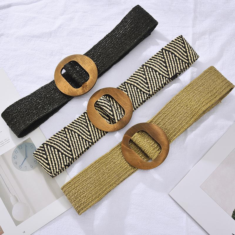 Elastic Pp Grass Belt Wood Round Buckle Belt Wide Woven Literature And Art Student With Skirt Waist Seal