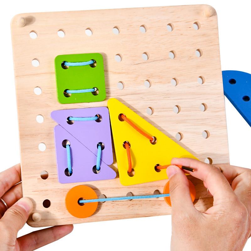 Kids Wooden Educational Threading Board With Mushroom Nail For Brain Development