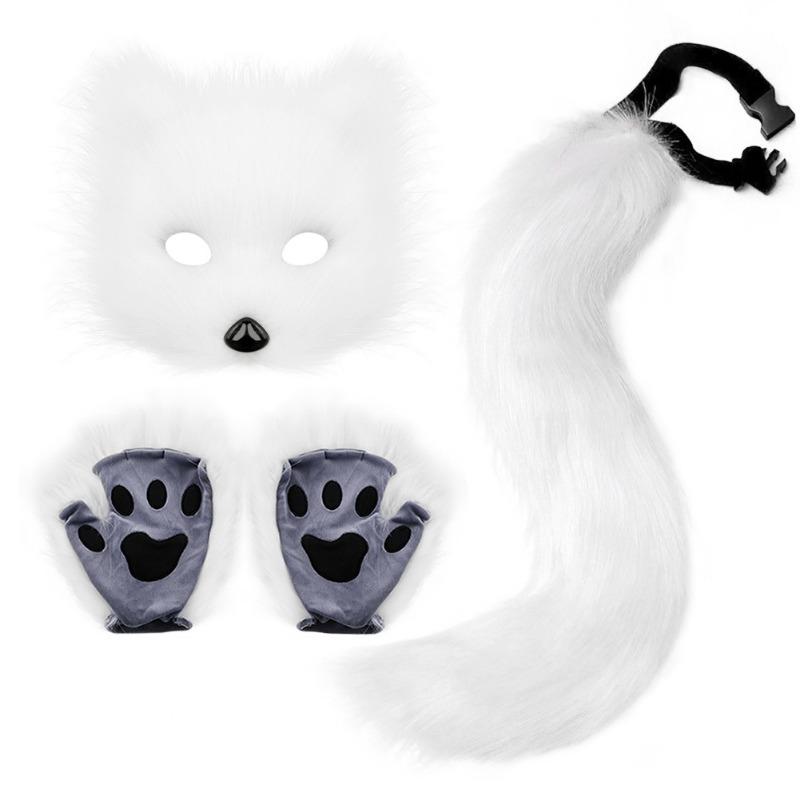 Halloween Set, Simulated Fox Mask Gloves, Plush Fox Tail, Handmade Beast Tail Cos Prop Accessories.