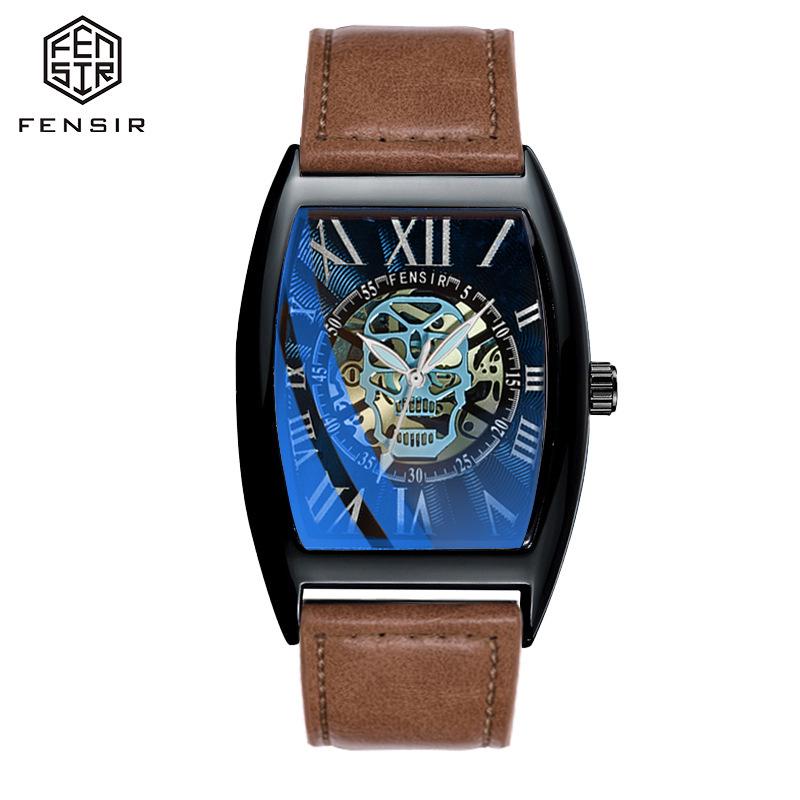 Finish 2027 Skull Face Mesh Strap Men's Waterproof Barrel-Shaped Tictok Watch with Leather Belt