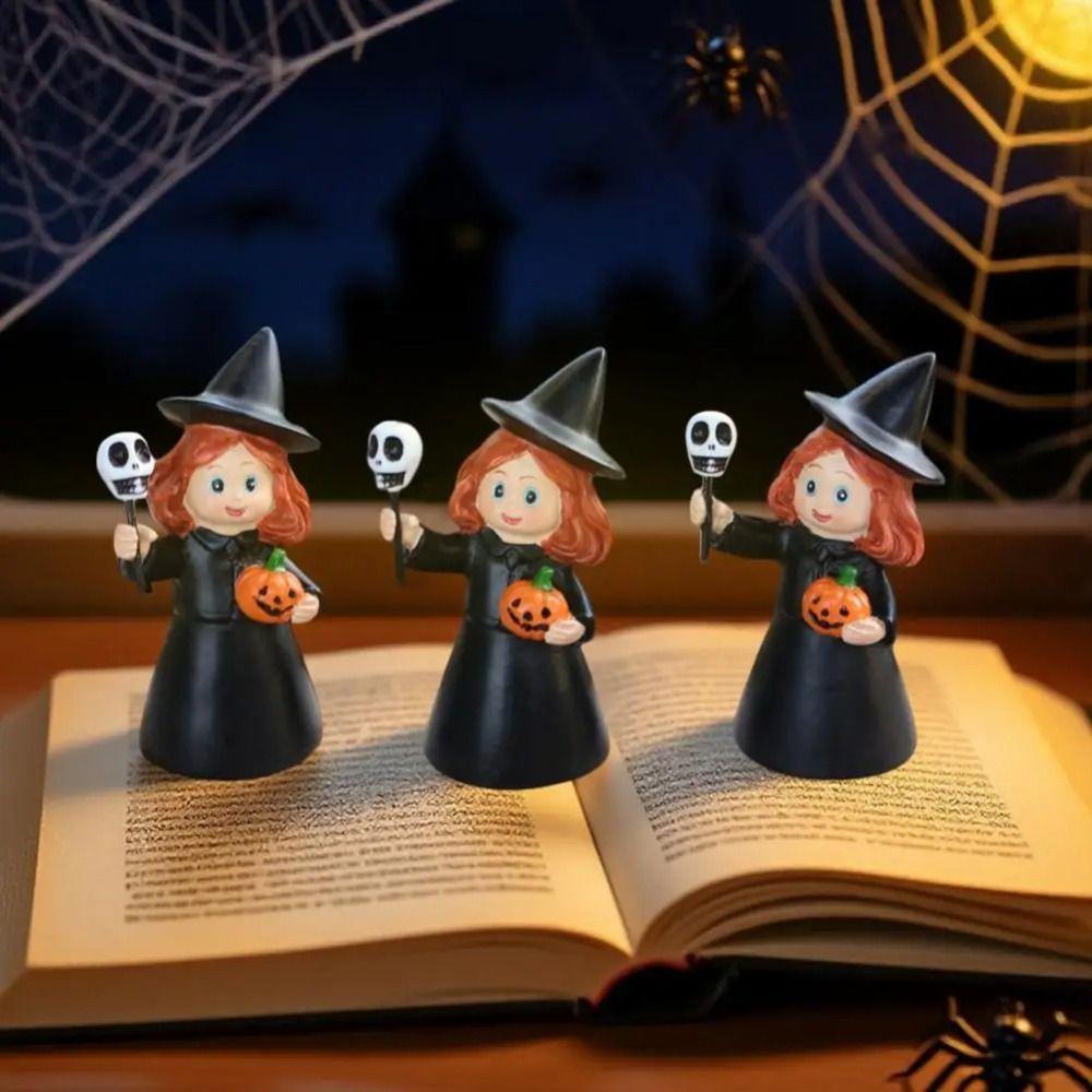 3Pcs Cute Halloween Witch Statue Creative Cartoon Resin Girl Figurines Durable Funny Halloween Witch Ornament Halloween Party