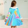Girls Faux Fur Trim Collar Long Sleeve Printed A Line Flared Dress With Waist Bow