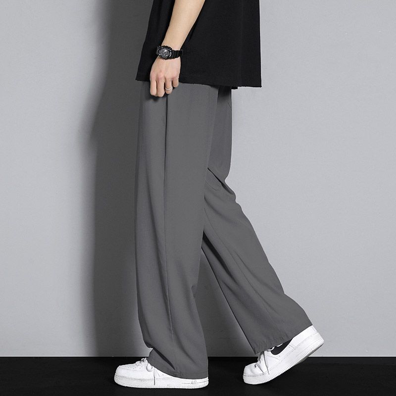 Mens Ice Silk Elastic Waist Wide Leg Casual Pants