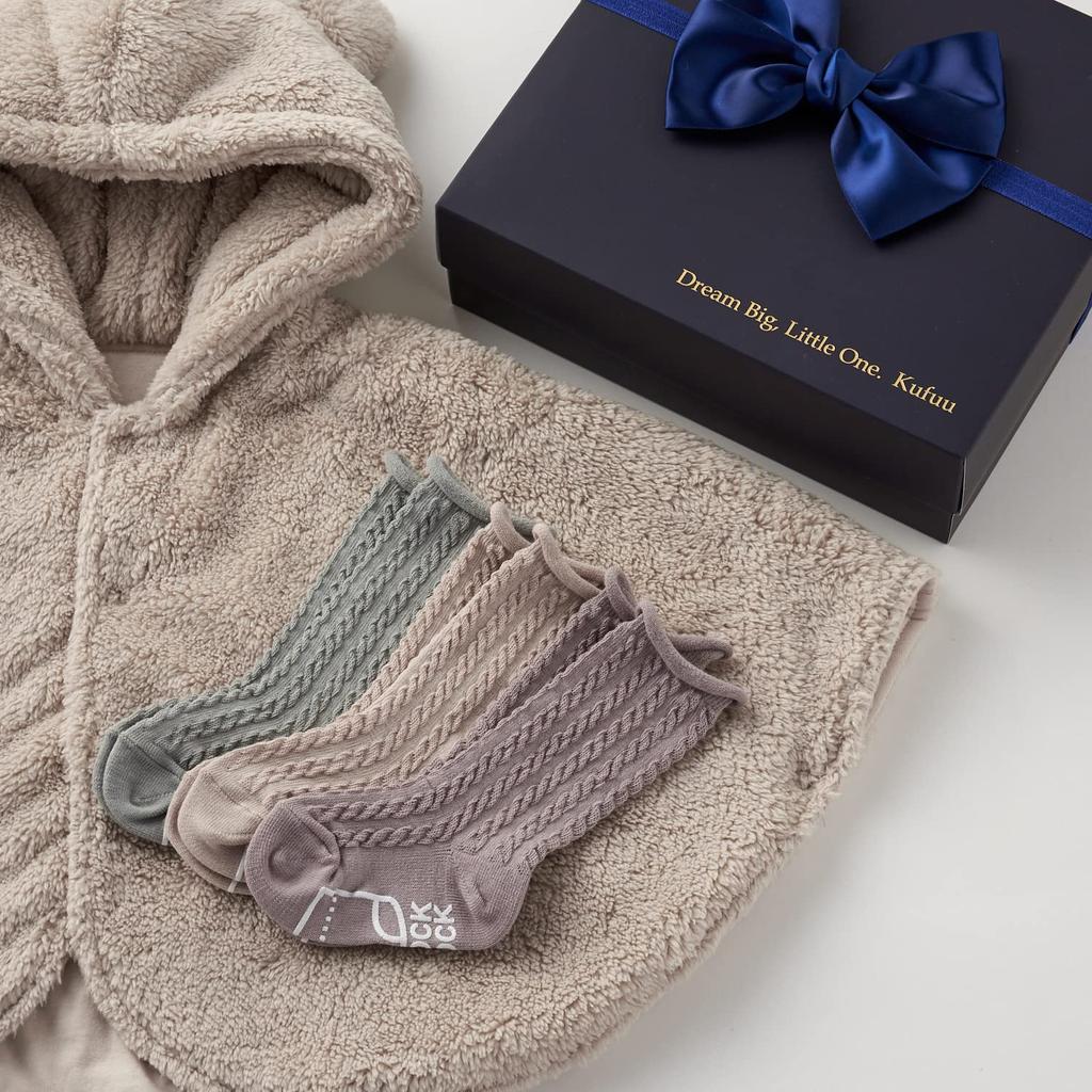 Kufuu Baby Poncho Skarpety Pudełko Zestaw Prezentowy dla Niemowlaka & (Beż piaskowy, Niedźwiedź) - (Lawenda Cynamon)