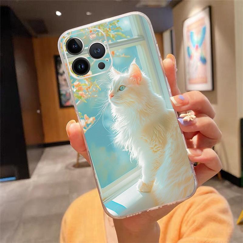 Cute White Cat Phone Case For iPhone 17 Pro Max Air 17 16 15 14 13 Pro Max 15 16 Pro 15Plus Silicone Cover