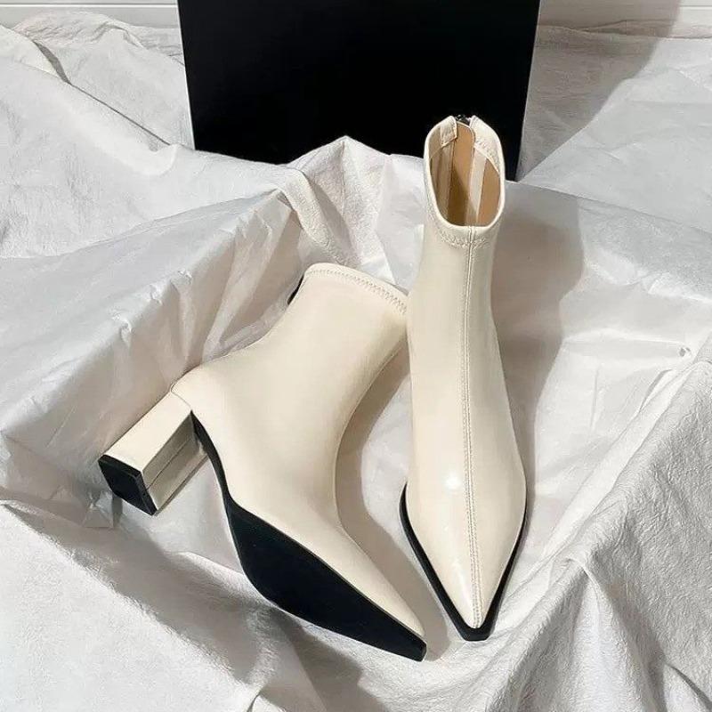 Autumn Winter Fashion Thick Heel Slim Ankle Boot Women Pointed Toe Zipper Shoes Mordern Short Booties  De Mujer