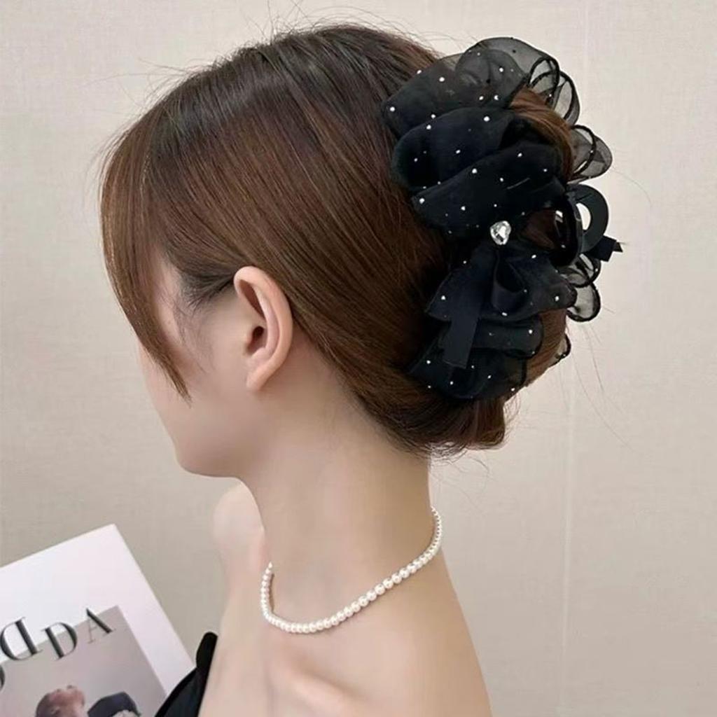 Fairy Mesh Rhinestones Hair Claw Clips for Women Big Sweet Multilayer Bow Hairgrip Solid Color Acrylic Headdress Accessories
